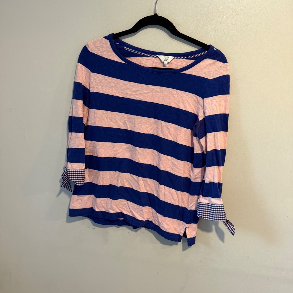 Crown & Ivy Womens Petite PS Pink Blue Striped Cotton Top Gingham Tie Cuff 2262